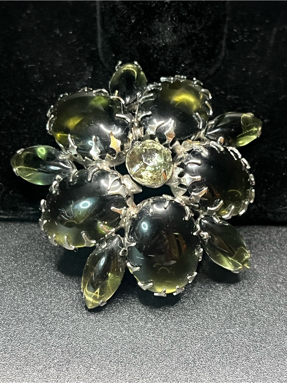 Vintage Olive Green Glass Cabochon Floral Brooch